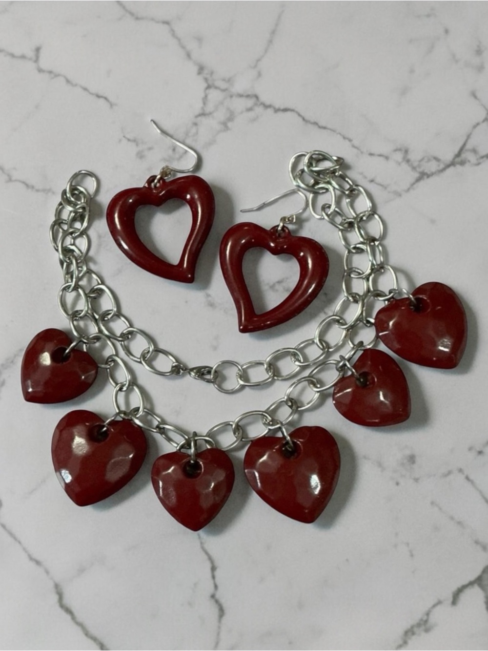 Heart Charm Necklace & Earrings Set - Burgundy